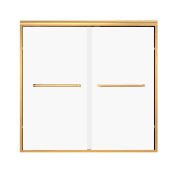 60 in. W x 58 in. H Framed Sliding Tub Door Bathtub Shower Door in Brushed Gold 1/4 in. with Handle Clear Glass