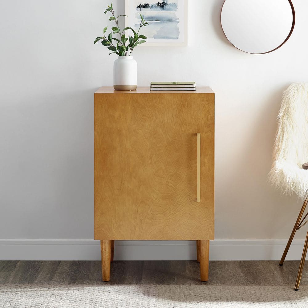 Mid-Century Brown Wood Record Player Cabinet with Gold Accents