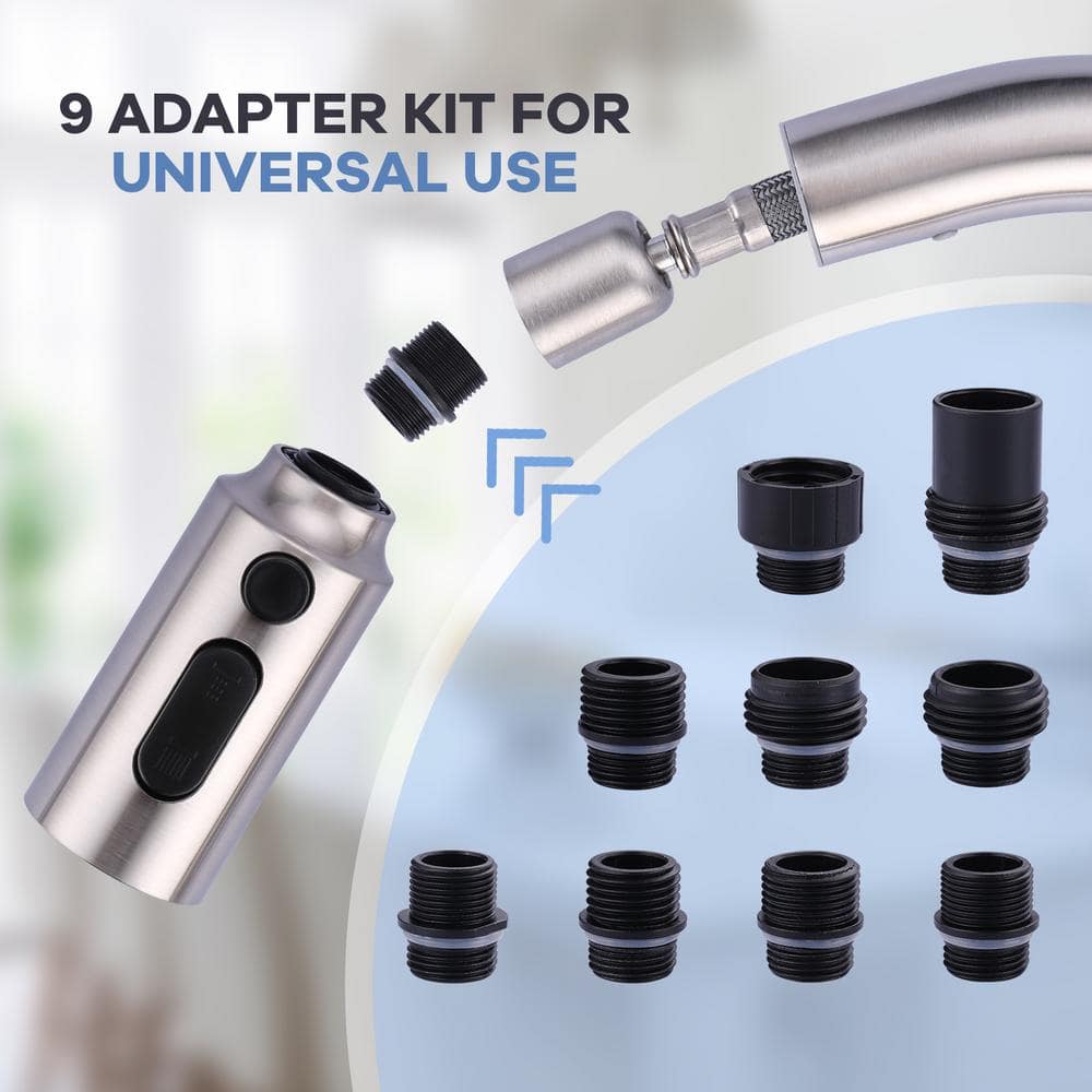 Brushed Nickel 3-Function Kitchen Faucet Spray Head with 9 Adapters