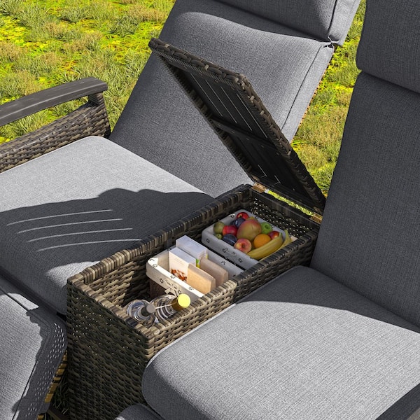 Gray Adjustable Recliner Wicker Outdoor Lounge Chair with Gray Cushions​