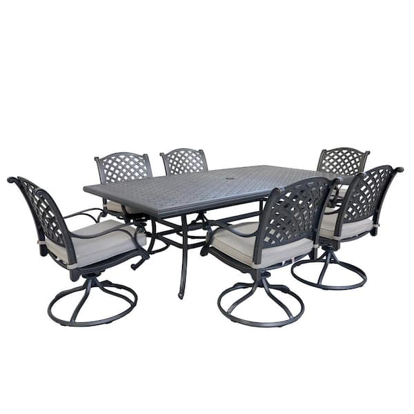 Mondawe 7-Piece Aluminum Patio Outdoor Dining Set with Rectangle Table and Swivel Chair with Tan Cushion