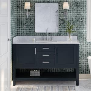 Bayhill 55 in. W x 22 in. D x 35.25 in. H Freestanding Bath Vanity in Midnight Blue with Carrara White Marble Top