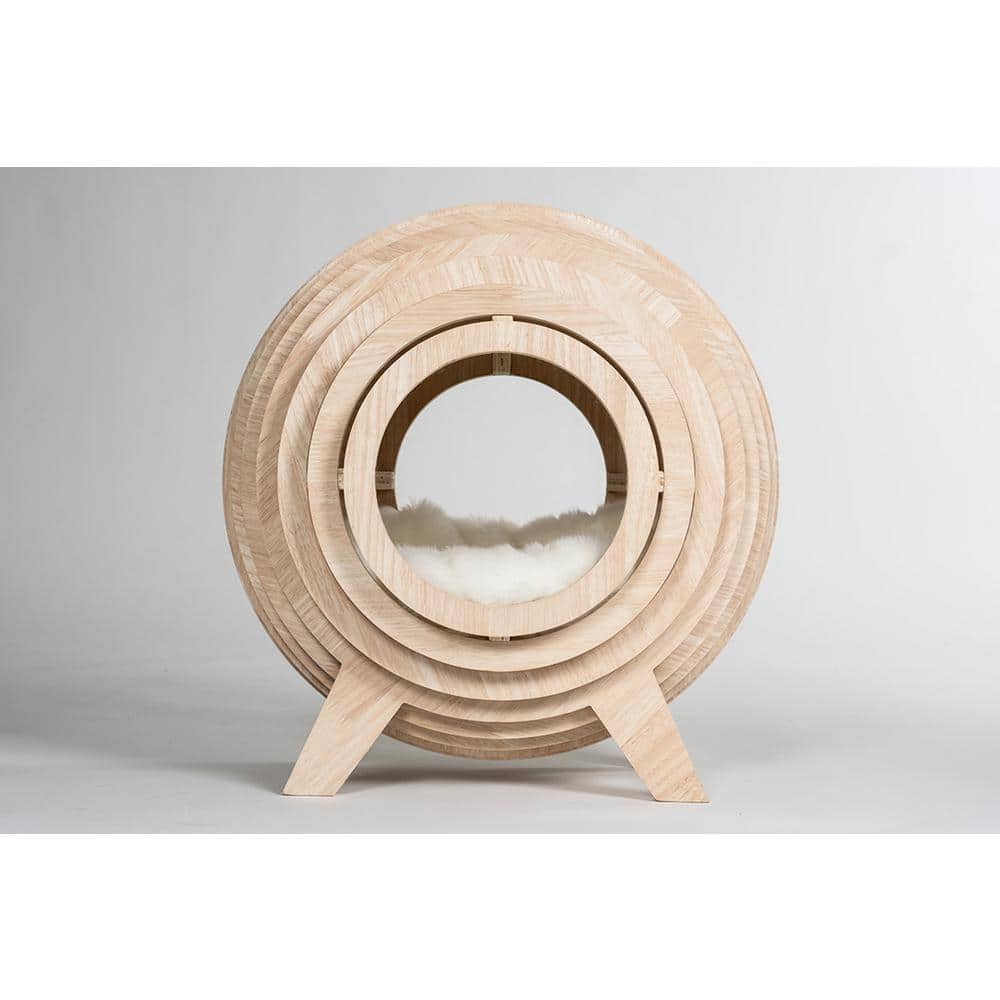 Medium Beige Wooden Sphere Cat Bed with Faux Fur Cushion