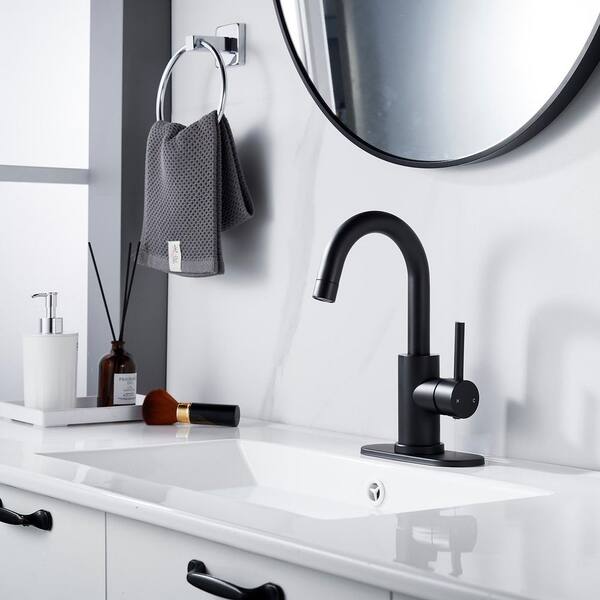 thumbnail image 2 of FROPO Matte Black Single Hole Bathroom Faucet - With Pop-Up Drain, 360° Swivel Spout 2 of 11