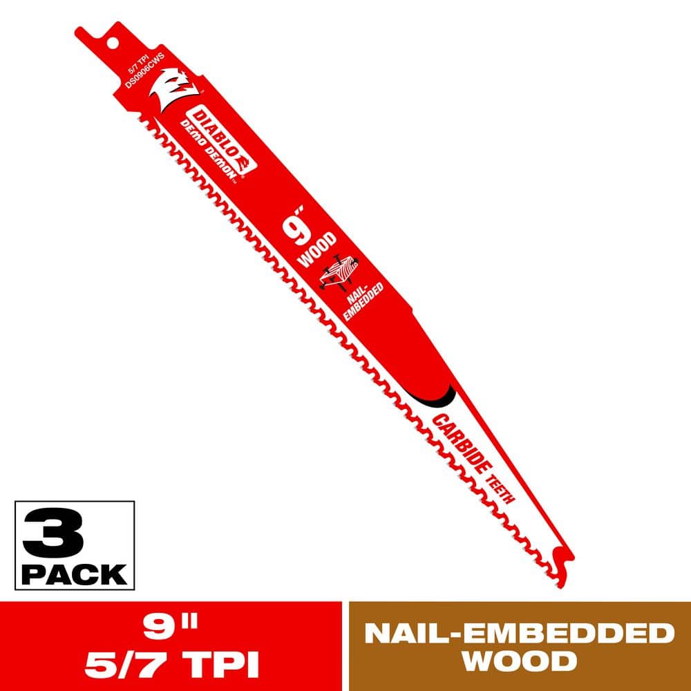 9 in. 5/7 TPI Demo Demon Carbide Reciprocating Saw Blades for Nail-Embedded Wood Cutting (3-Pack) price history on PriceWatchPro