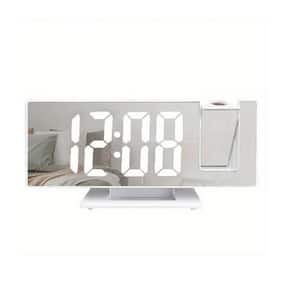 White Projector Digital Table Mirror Alarm Clock with Large LED Screen for Bedroom