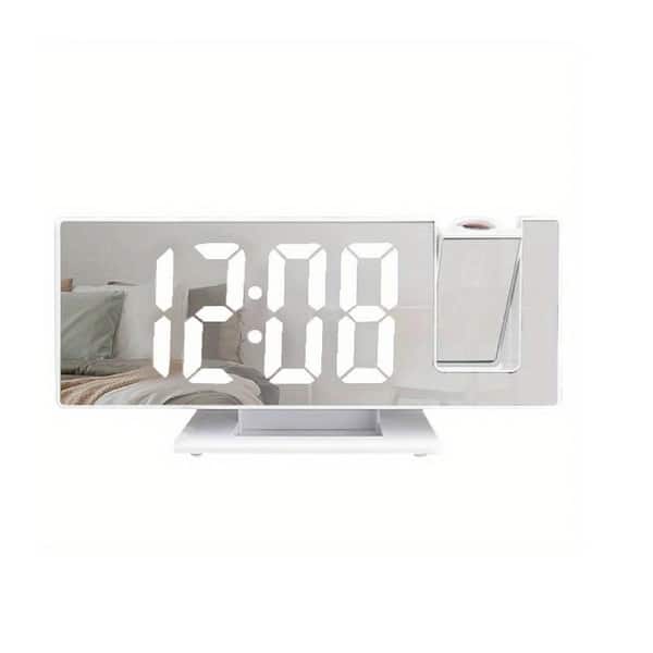 Afoxsos White Projector Digital Table Mirror Alarm Clock with Large LED Screen for Bedroom