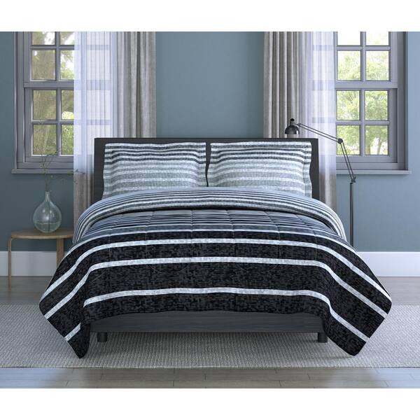 Inspired Surroundings Harper Stripe 3-Piece Grey Microfiber Full/Queen Comforter Set Comforter 90 in. x 90 in., Sham 20 in. x 26 in.