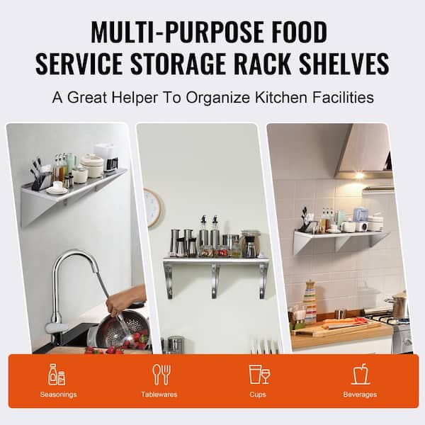 VEVOR Stainless Steel Shelf 24 in. x 8.6 in. Wall Mounted Floating Shelving  with Brackets Pantry Organizers, Silver BGSCTTLL86242HBE0V0 - The Home Depot
