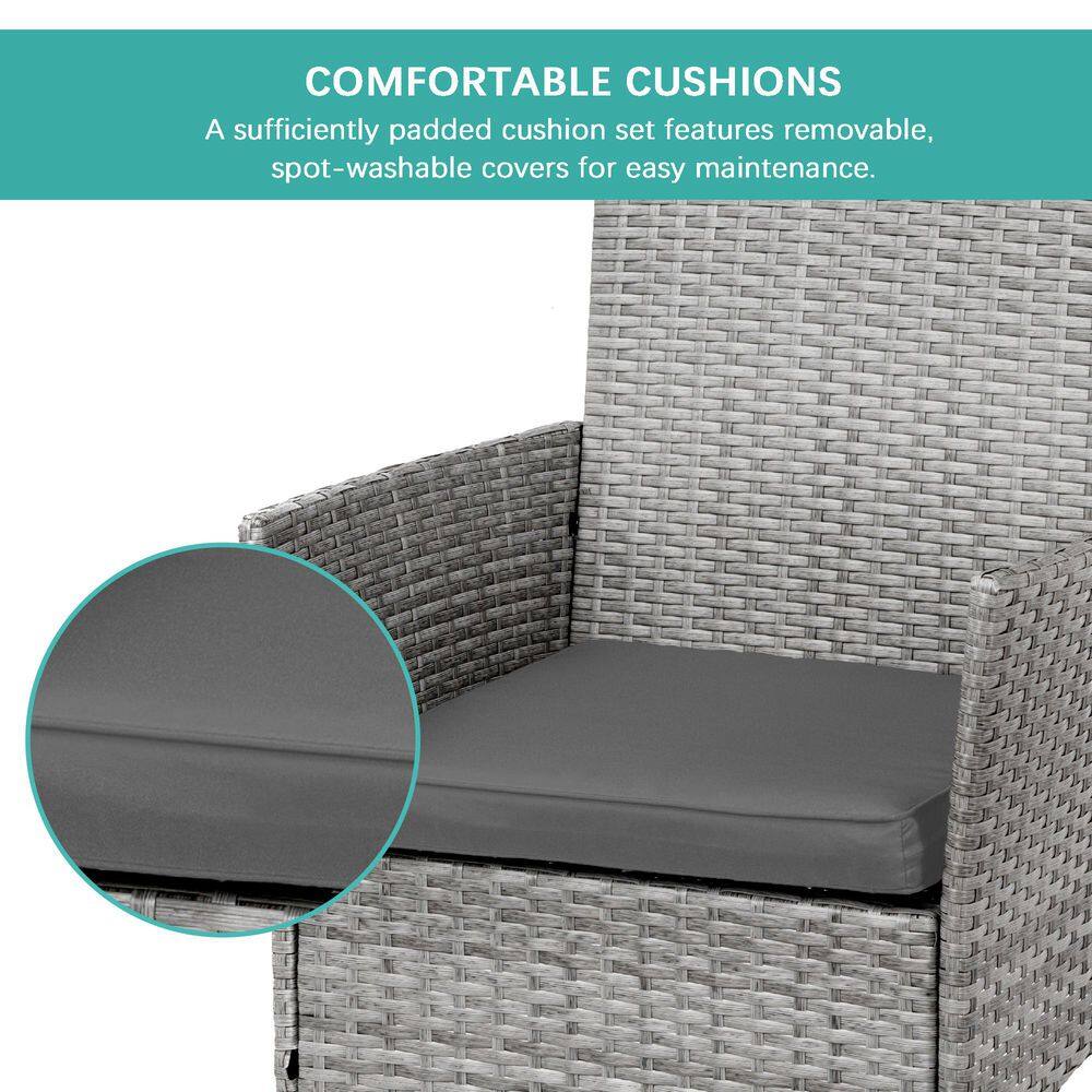 Gray Wicker 3-Piece Outdoor Bistro Set with Cushions and Glass Tabletop
