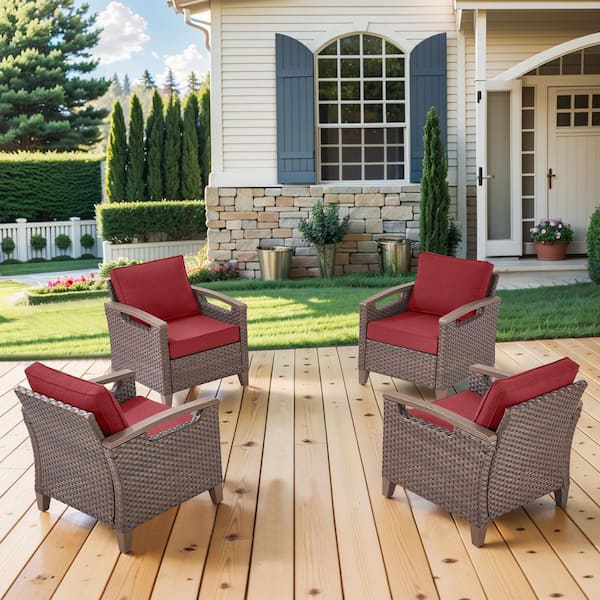 Kelsey Red 4-Piece All-Weather Brown Wicker Armchairs with 4 in. Ergonomic Cushions