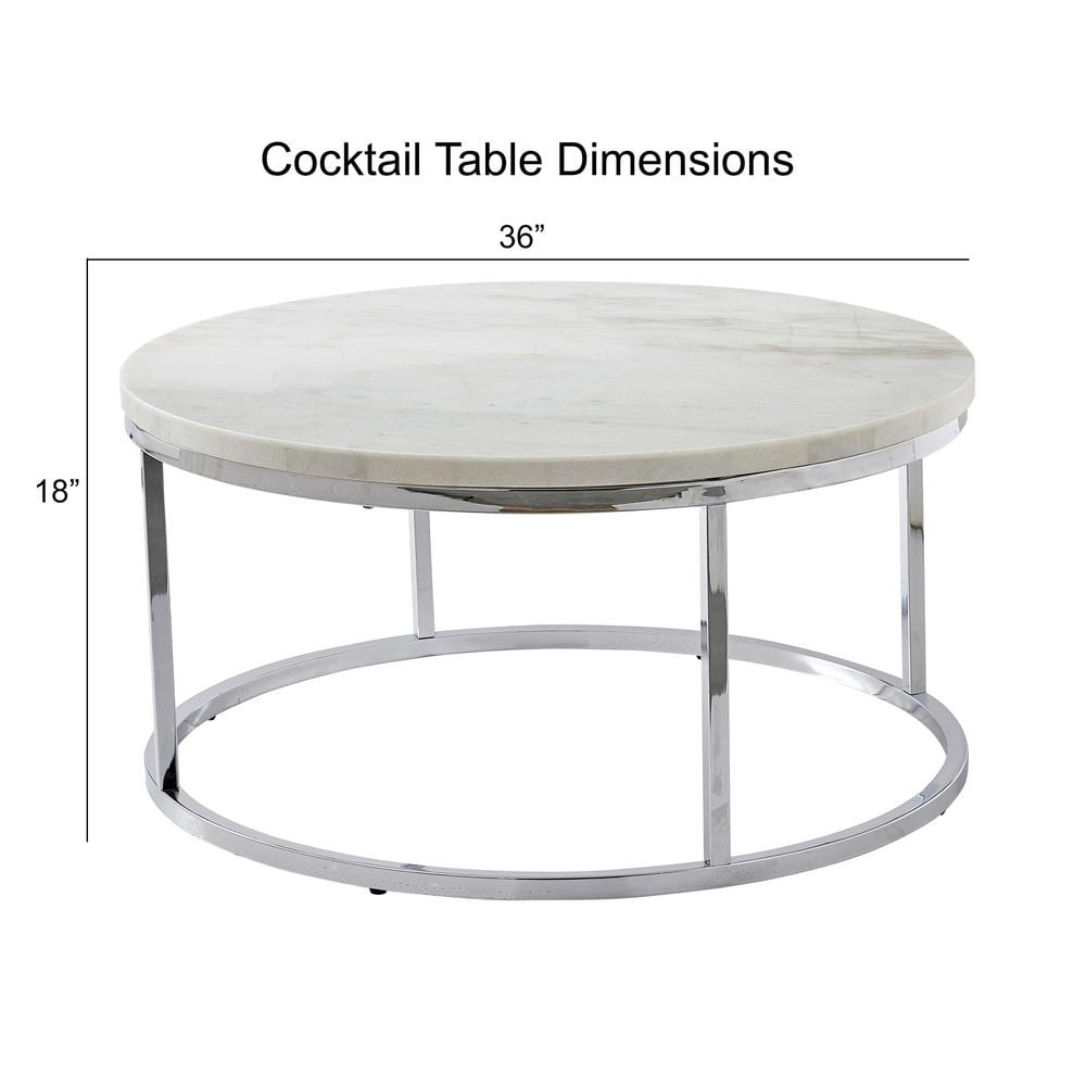Echo Round White Marble and Chrome Metal Cocktail Table, 36"