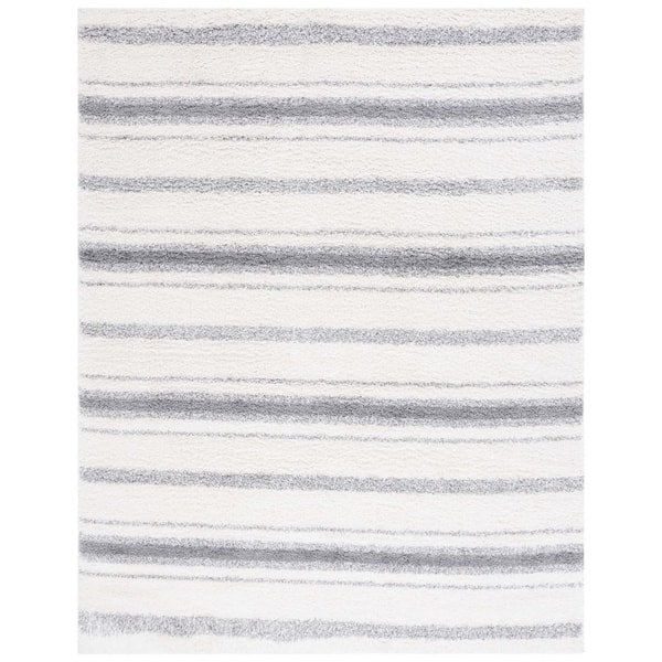 Border and Stripe Shag 8 ft. x 10 ft. Ivory/Gray Faded Striped Area Rug