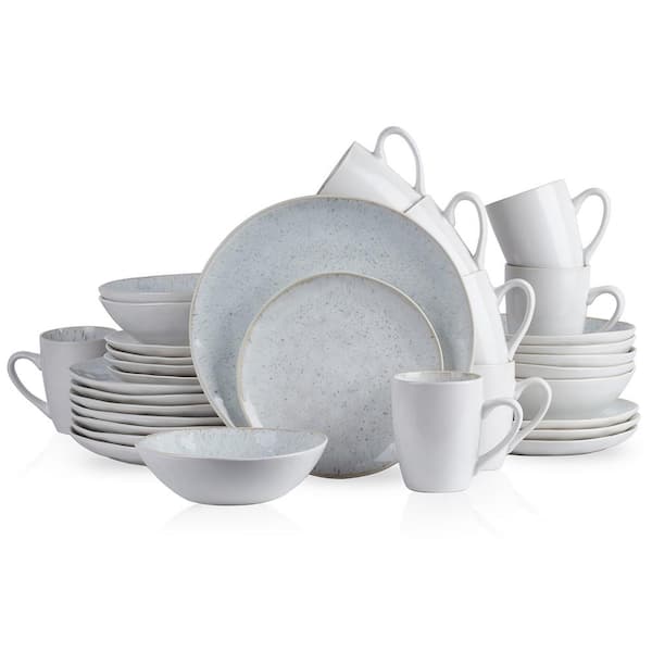 STONE LAIN Romy 32-Piece White and Black Spots Stoneware Dinnerware Set (Service for 8)