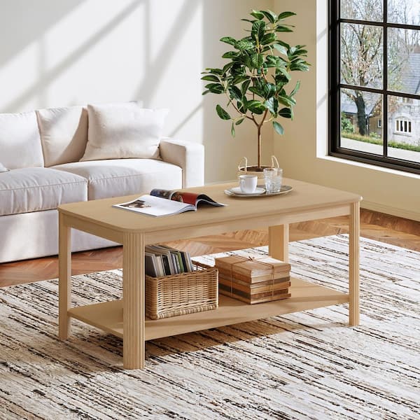 Onyx 39.4 in. Natural Rectangle MDF Wood Top Coffee Table with 2-Tier and Vertical Wave Grain Legs