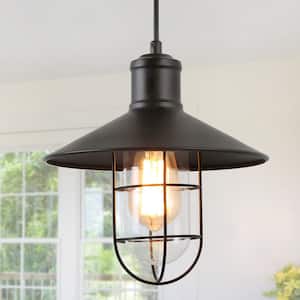 Modern Industrial 1-Light Black Pendant with 10.2 in. W Clear Glass Shade Metal Wire Cage Shade Barn Ceiling Chandelier