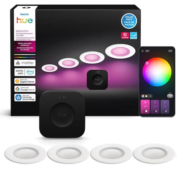 5 in. / 6 in. LED Smart Color Changing Recessed High Lumen Downlight with Bluetooth Starter Kit (4-Pack and Hue Bridge)