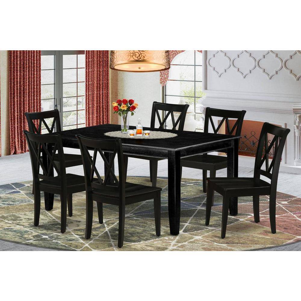 7-Piece Rectangle Black Finish Solid Wood Top Dining Table with 6-Chairs with Lattice Back