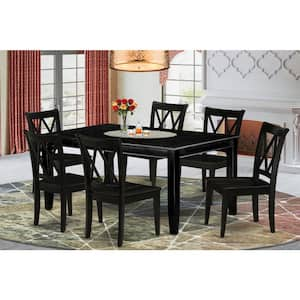 7-Piece Rectangle Black Finish Solid Wood Top Dining Table with 6-Chairs with Lattice Back