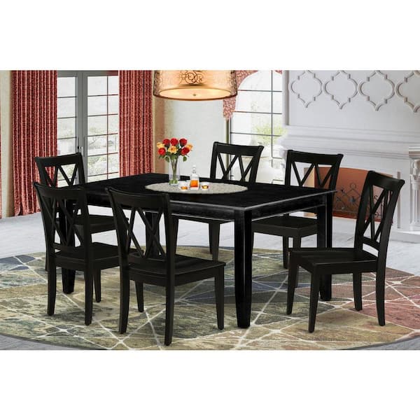 East West Furniture 7-Piece Rectangle Black Finish Solid Wood Top Dining Table with 6-Chairs with Lattice Back