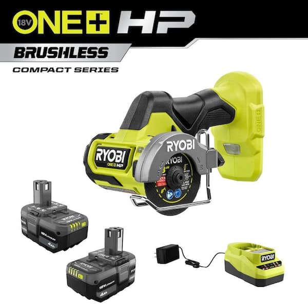 Ryobi One+ 18V Lithium-Ion 4.0 Ah Compact Battery (2-Pack) and Charger Kit with Free One+ HP Brushless Cut-Off Tool