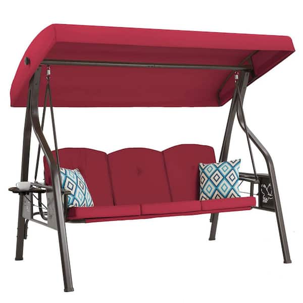 3-Person Metal Patio Swing Outdoor with Adjustable Backrest and Canopy (Wine Red)