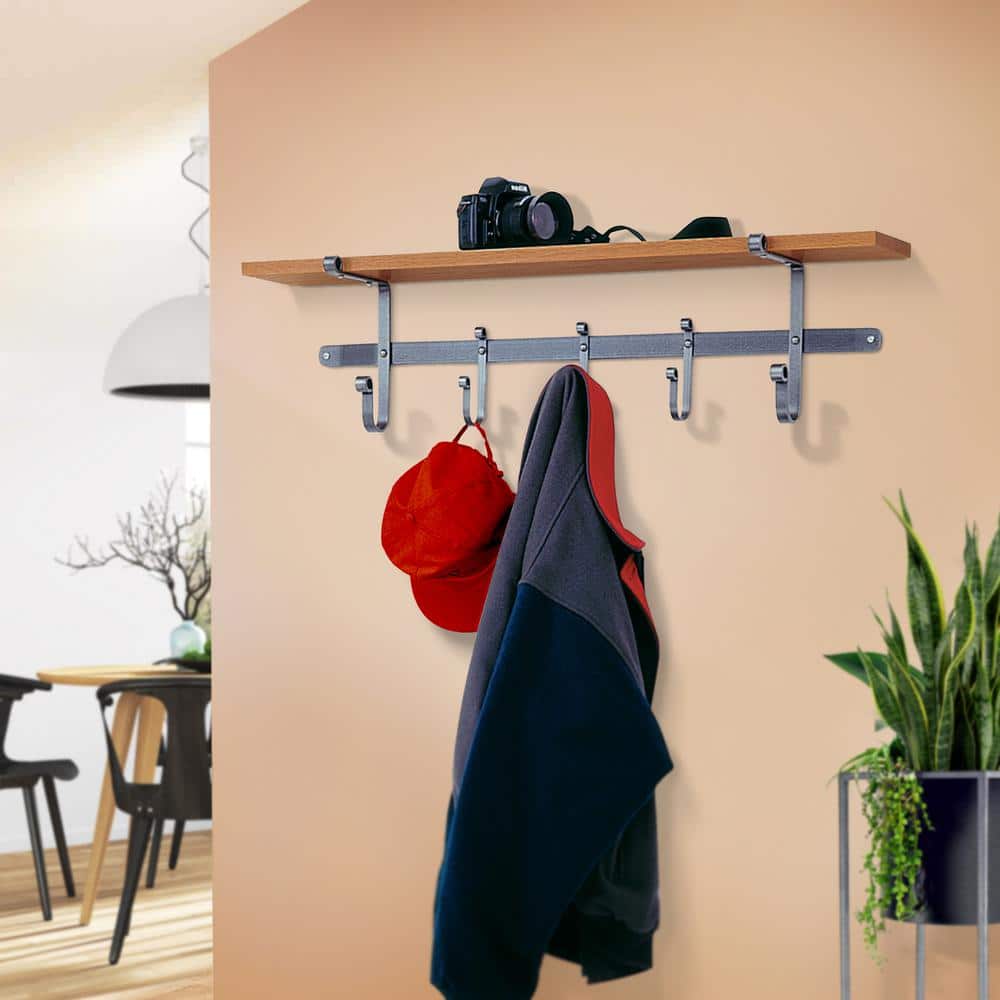 Hammered Steel Coat Rack with Solid Wood Shelf