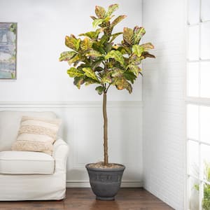 6 ft. Artificial Tall Real Touch Ultra-Realistic Croton Leaf Plant in Plastic Pot with Faux Dirt