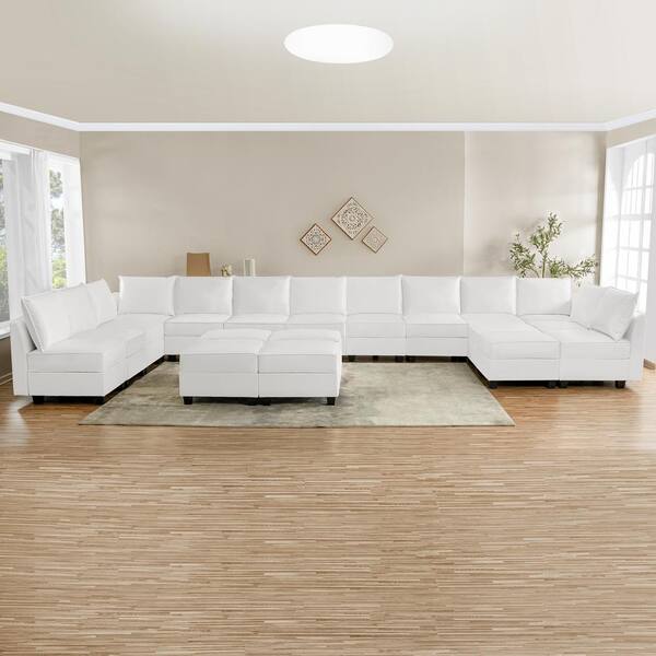 Modern 13 Seater Upholstered Sectional Sofa with 6 Ottoman - Bright White Air Leather