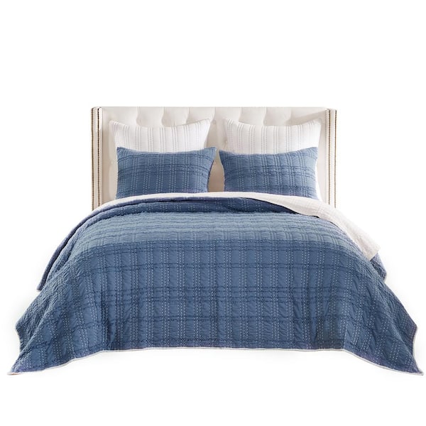 Portofino Solid Blue 3-Piece Cotton King/Cal King Quilt Set