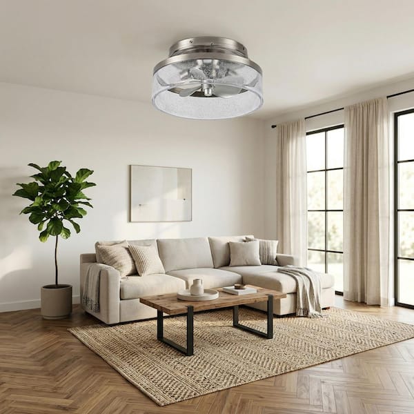12.6 in. Indoor Stain Nickel Flush Mount Caged Ceiling Fan with Remote Control and DC Motor, Light Bulbs Included