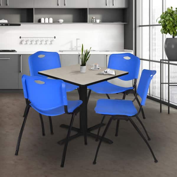 Cain 42 in. Maple Square X-Base Breakroom Table Desk and 4 M Stack Chairs-Blue