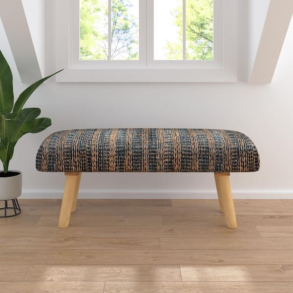 LR Home Gideon Blue/Tan Brown 47 in. Accent Bench with Natural Legs