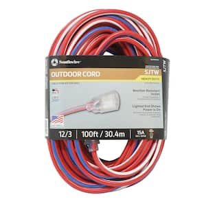 100 ft. 12/3 SJTW USA Outdoor Heavy-Duty Extension Cord with Power Light Plug