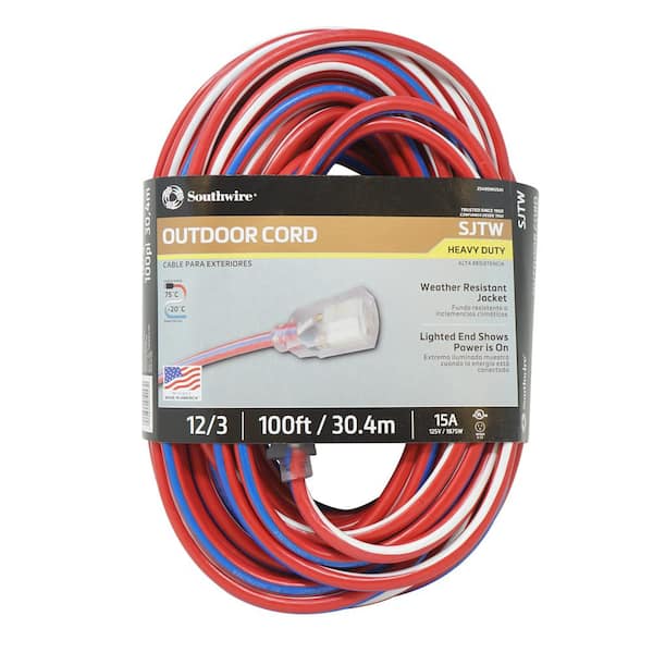 Southwire 100 ft. 12/3 SJTW USA Outdoor Heavy-Duty Extension Cord with Power  Light Plug 2549SWUSA1 - The Home Depot