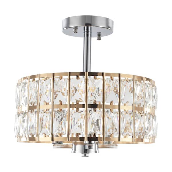 12.59 in. 3-Light Chrome and French Gold Modern Drum Semi-Flush Mount Light With Clear Crystal Glass Shade