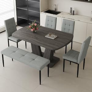 Modern 6-Piece Gray MDF Top Dining Table Set Seats 6 with 4 Upholstered Chairs, 1 Bench and V-shaped Table Base