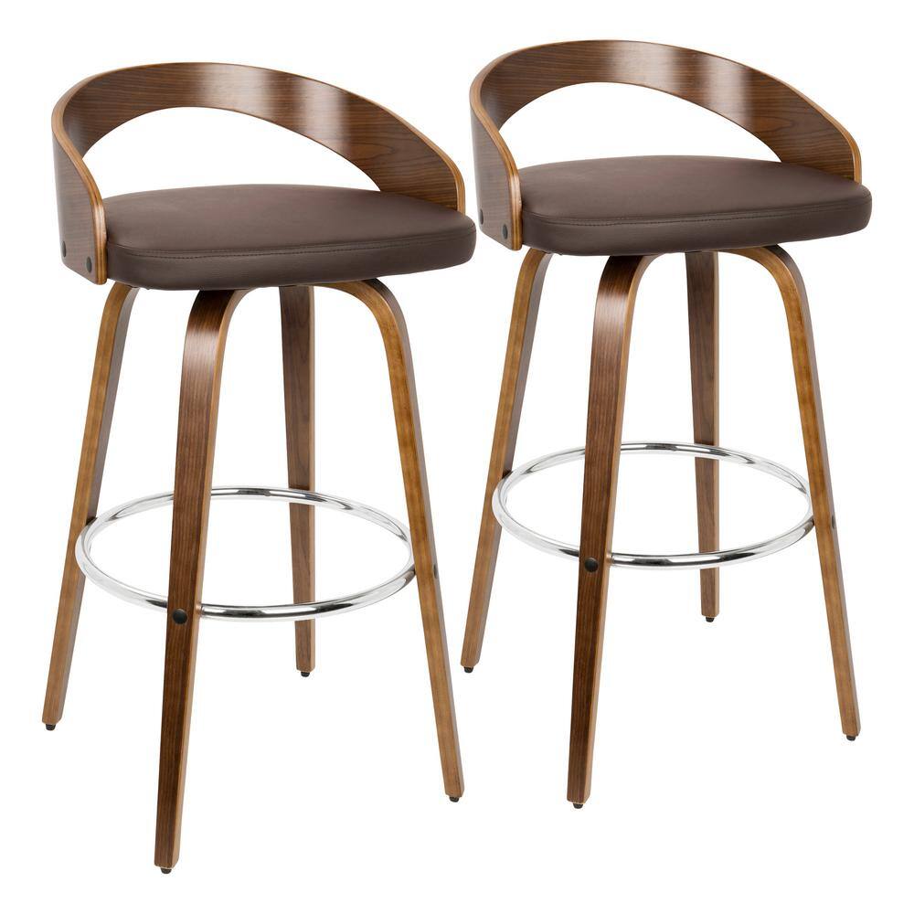 Lumisource Grotto 35.25 in. Bar Stool in Brown Faux Leather and Walnut