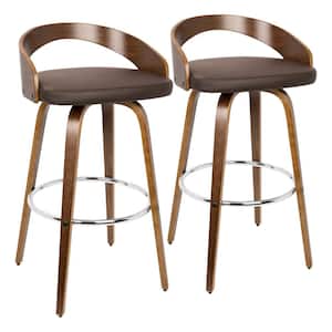 Grotto 35.25 in. Bar Stool in Brown Faux Leather and Walnut Wood (Set of 2)