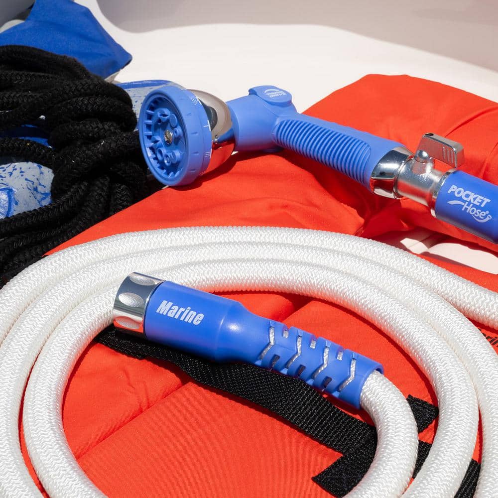 White and Blue Expandable Marine Hose with Spray Nozzle, 25 ft