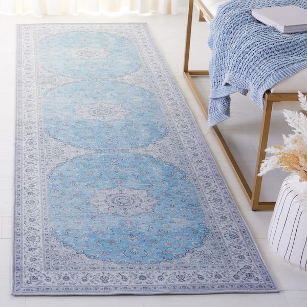 Tucson Blue/Gray 3 ft. x 8 ft. Machine Washable Border Floral Medallion Runner Rug