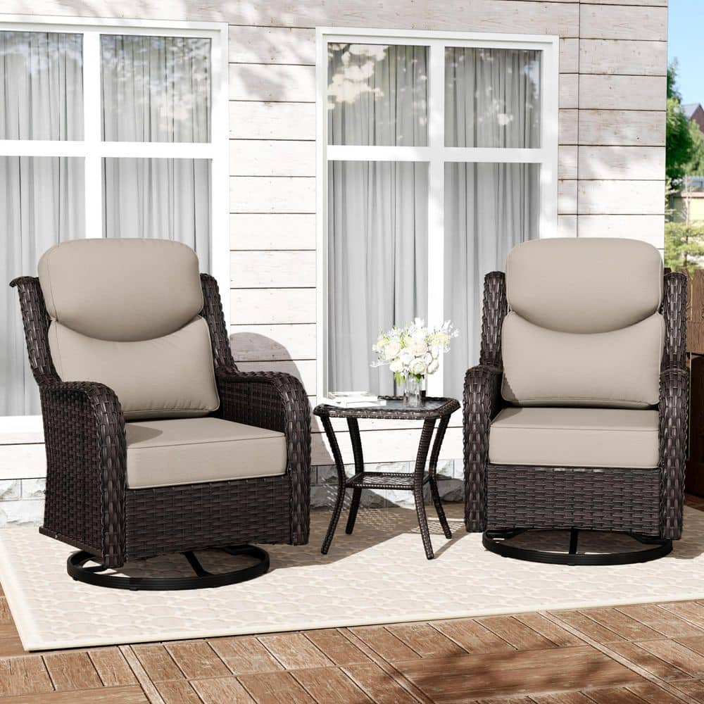 3-Piece Brown Wicker Patio Swivel Outdoor Rocking Chair Set with Beige Cushions and Side Table price history on PriceWatchPro