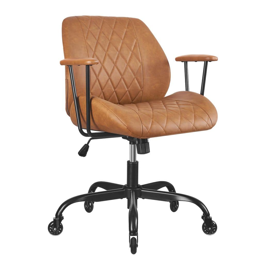 Vintage Faux Leather Ergonomic Task Chair in Caramel Brown with Arms, Adjustable Height Swivel Office Chair with Wheels