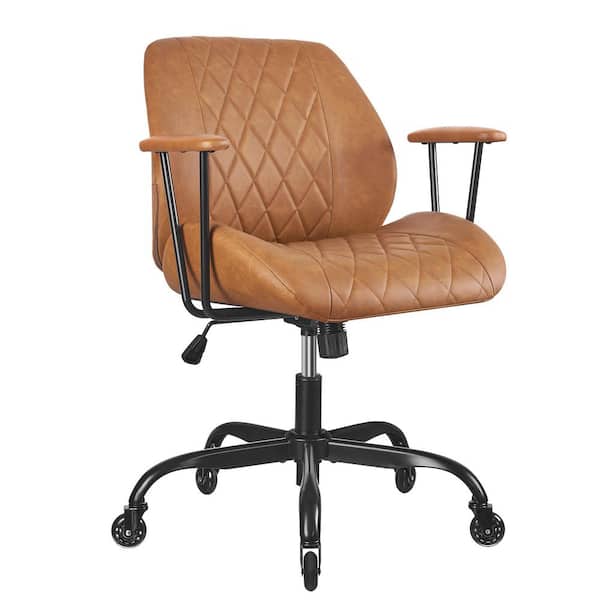 Vintage Faux Leather Ergonomic Task Chair in Caramel Brown with Arms, Adjustable Height Swivel Office Chair with Wheels