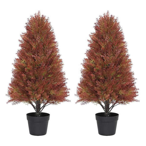 2.5 ft. Faux Cedar Tree Artificial Topiary Tree, Faux Fall Decor Plants for Outdoor and Indoor Decor in Pot 2-Pack