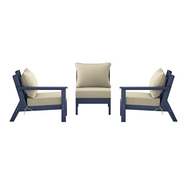 WESTIN OUTDOOR Birchwood Navy Blue Arrangeable 3-Piece HDPE Deep Seating Outdoor Patio Conversation Sofa Armchair Set w/Beige Cushions