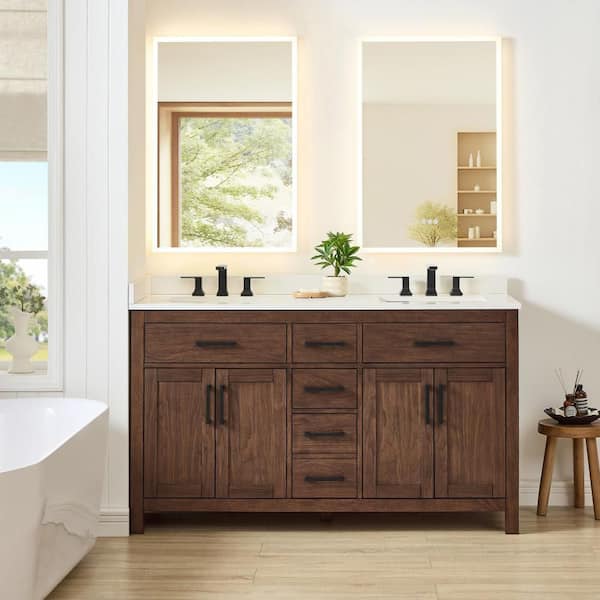 Beckett 60 in. Double Freestanding Dark Walnut Bath Vanity with White Quartz Top