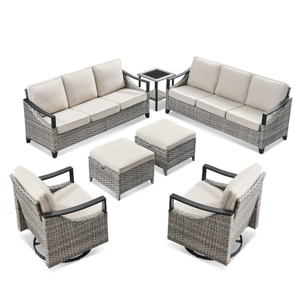 7-Piece Metal and Wicker Patio Conversation Set with Swivel Chairs Outdoor Deep Seating Sofa Set Beige Cushions