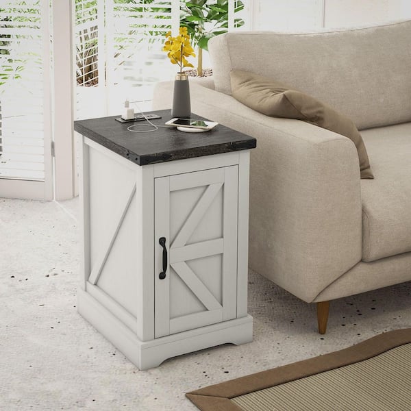 14.2 in Distressed White Particle Board Rectangle End Table with Charging Station USB Farmhouse Side Table