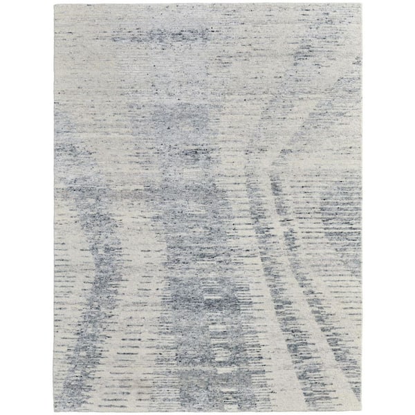 9 ft. x 13 ft. Ivory Gray and Blue Abstract Hand Knotted Worn Faded Area Rug